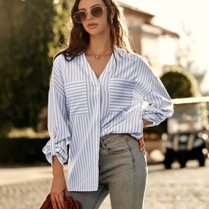 Blue pinstripe button-up shirt